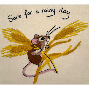 Vintage Finished Crewel Embroidery Mouse Erica Wilson Save for a Rainy Day READ